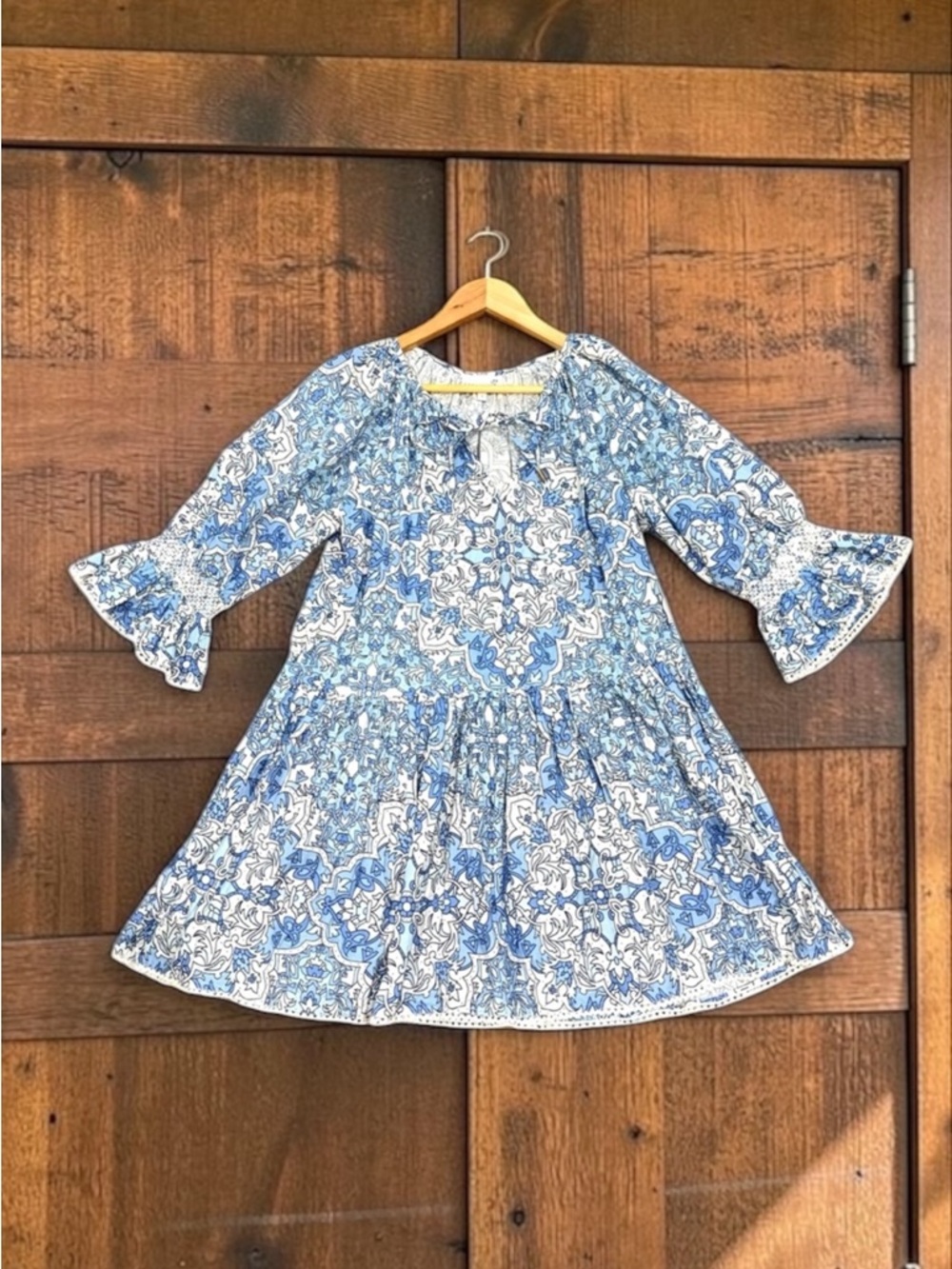 Cartolina Nantucket Blue Floral Cotton Poplin Long Sleeve Mini Dress Size Small